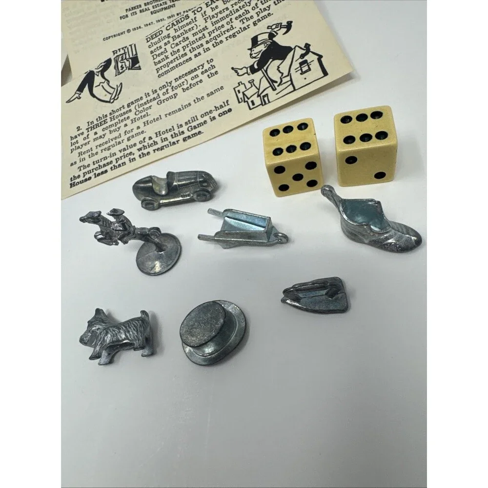 Vintage 1961 Monopoly Board Game Instructions Cream Dice 7 Pewter Game Pieces